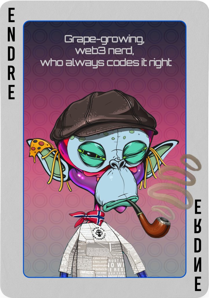 Who wants to play cards? ♣️

The rules:

- Collect a full set by following each Team Member
- Retweet the card - there are 12 in total, they must all be on your feed 

When all the cards have been dealt qualifiers will enter a draw for a rare mutant ape 👾

Card 1: <a href="/endorcrypto/">endorcrypto</a>
