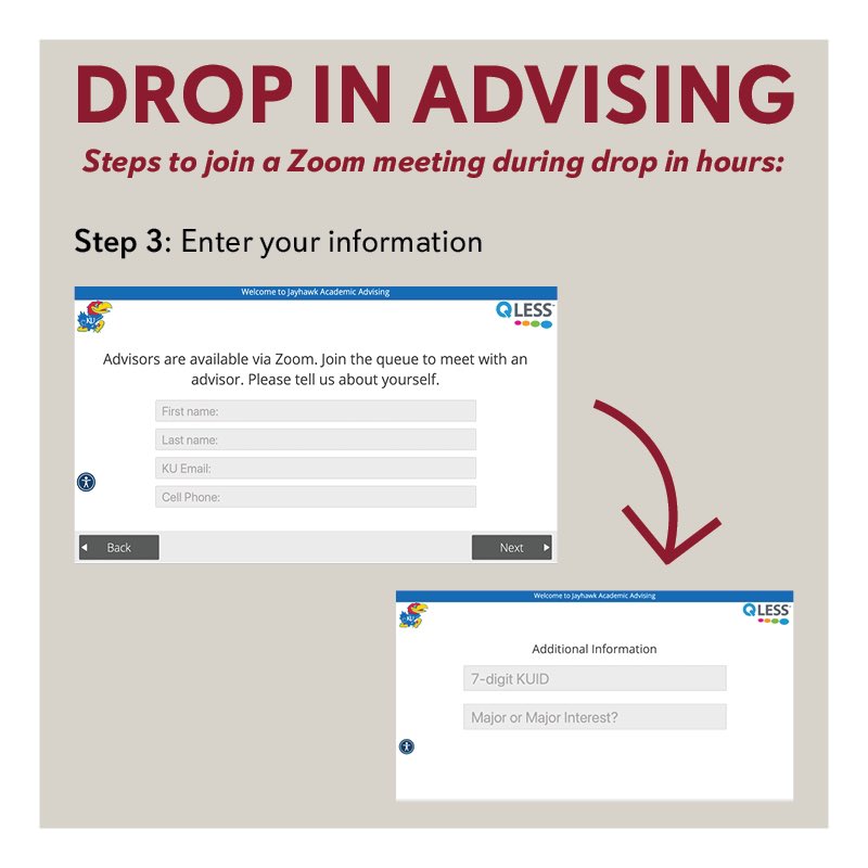 KUJAdvising's tweet photo. Drop in hours are from 12:30-4:30 p.m. on Mondays and Thursdays! If you would like to meet with an advisor in-person, come in to 117 Stauffer-Flint and someone will help you. If you would rather meet with an advisor on Zoom, follow these steps! (1/2) https://t.co/Y8pQfSorMW