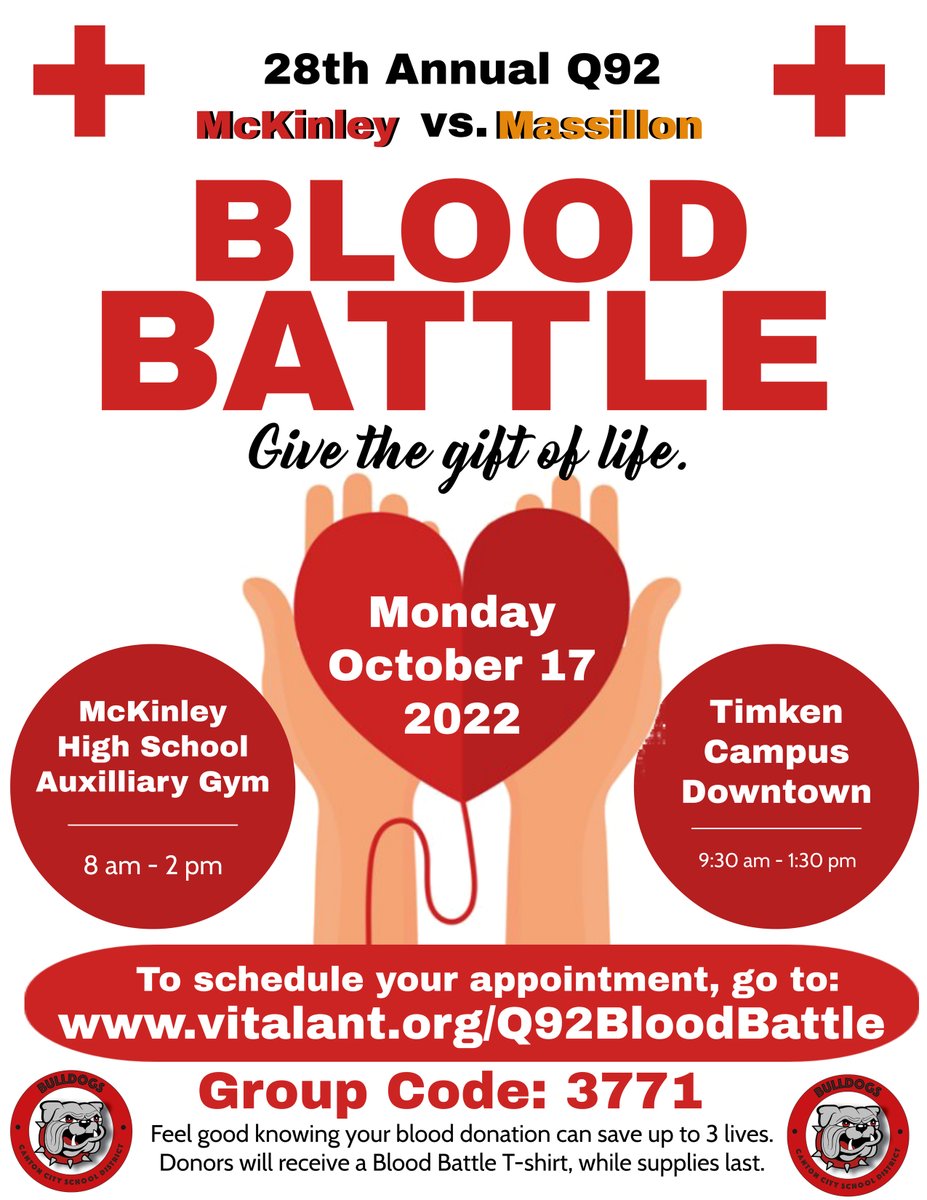 The 28th Annual Blood Battle is just around the corner.  Feel good knowing your blood donation can save up to 3 lives.  Donors will receive a Blood Battle T-shirt (while supplies last).  To schedule your appointment, please go to vitalant.org/Q92BloodBattle.