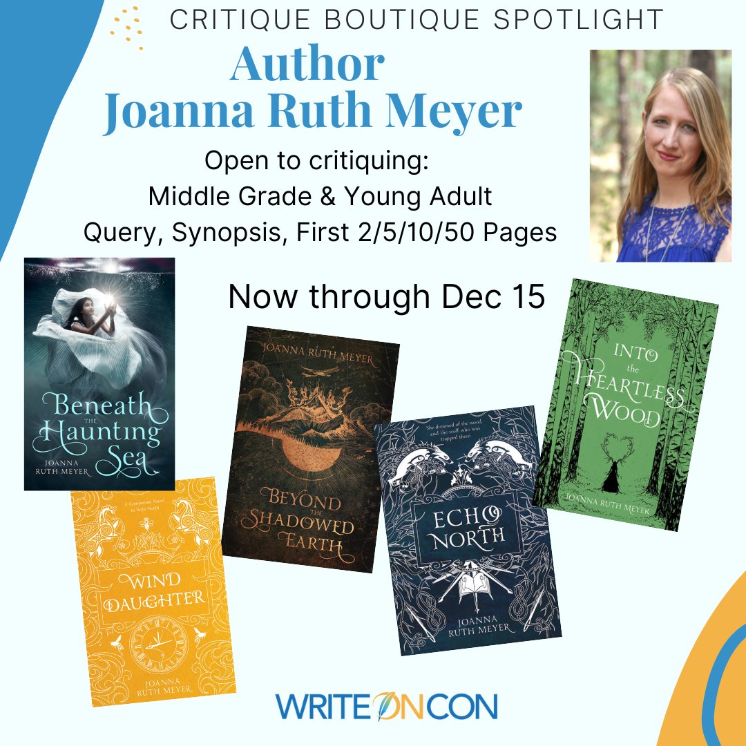 Hey, middle grade and young adult writers! Author Joanna Ruth Meyer is available for critiques. See writeoncon.org/critique-bouti… for details. #WritingCommunity #amwriting #amquerying #kidlit #middlegrade #youngadult