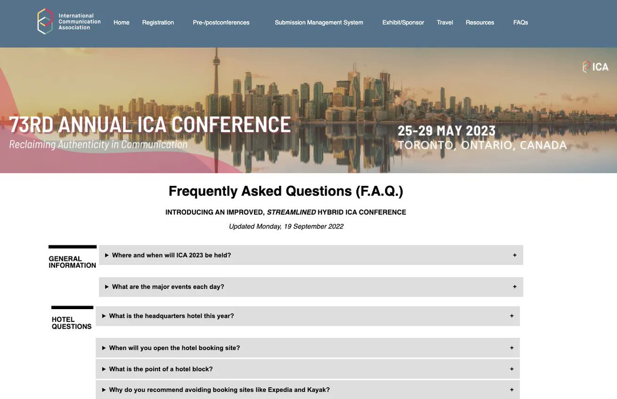 icahdq's tweet image. Update: Follow through the link below to see our newly revamped #ICA23 FAQ page for general information, hotel and travel questions, etc.

buff.ly/3fokgvP 

ICA23 Reclaiming Authenticity in Communication
25-29 May 2023, Toronto
#icaCommUnity
