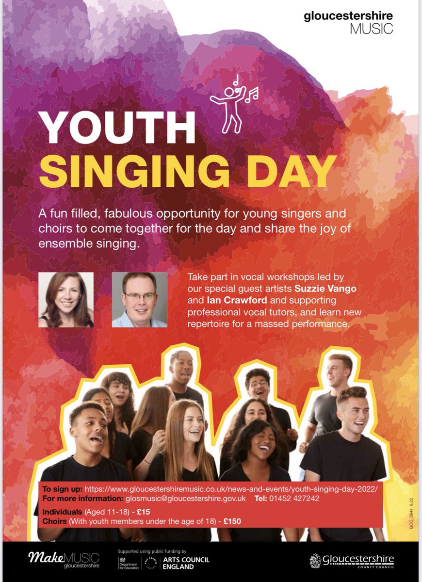 Calling all youth choirs and youth singers. Join us for an amazing day of singing workshops and performances with the epic Suzzie Vango and Ian Crawford. If you haven’t signed up yet…what are you waiting for! 15th October, Cheltenham. gloucestershiremusic.co.uk/news-and-event…