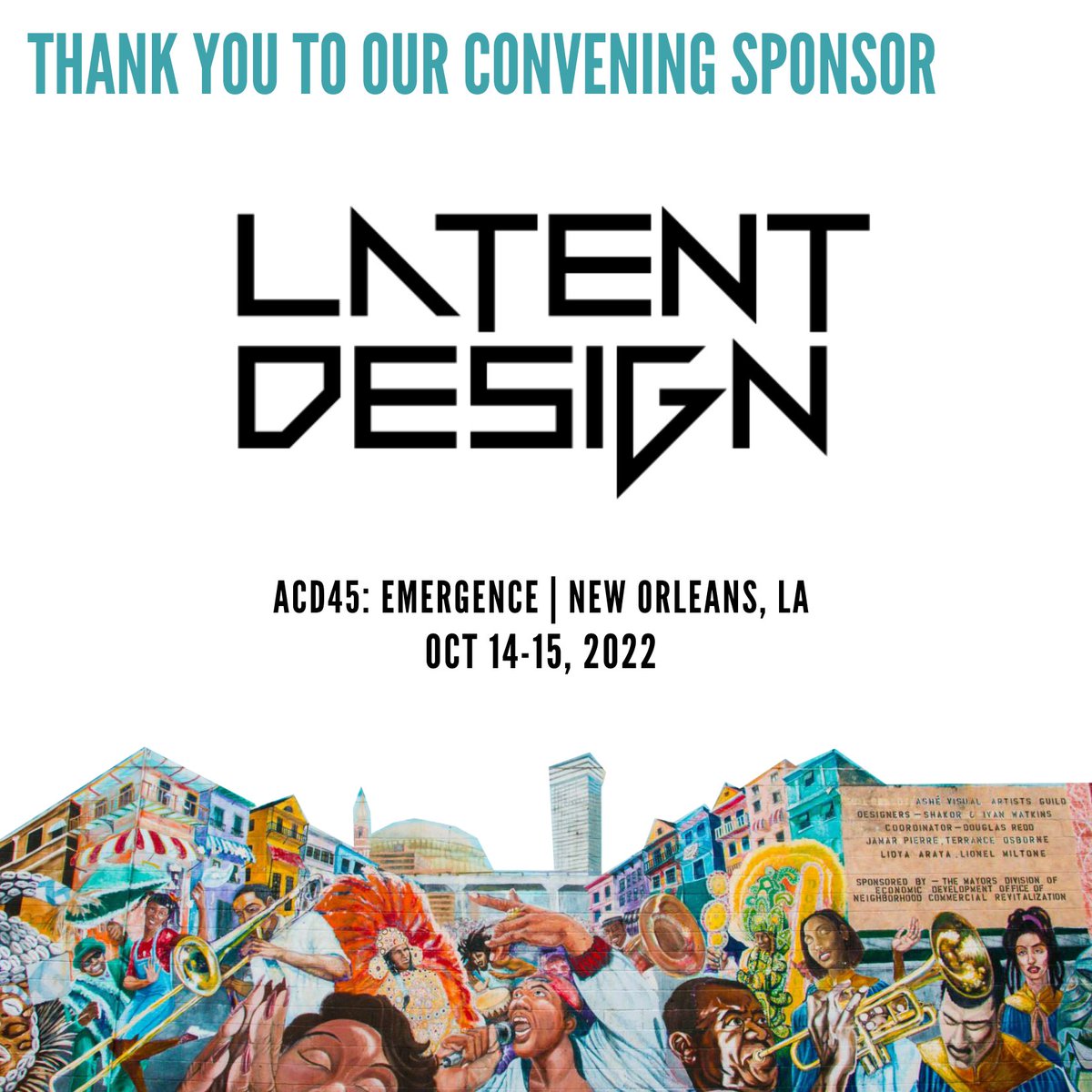 ACDtweets's tweet photo. The team at @latent_design have been enthusiastic and continuous supporters of ACD throughout the years, and we're thrilled to have them as supporters of #ACD45 Emergence!
#FindYourPeople #LearnTogether #DesignWithCommunities #CommunityDesign #ACD45 #NOLA #neworleans https://t.co/mo5Bh5ZuIW