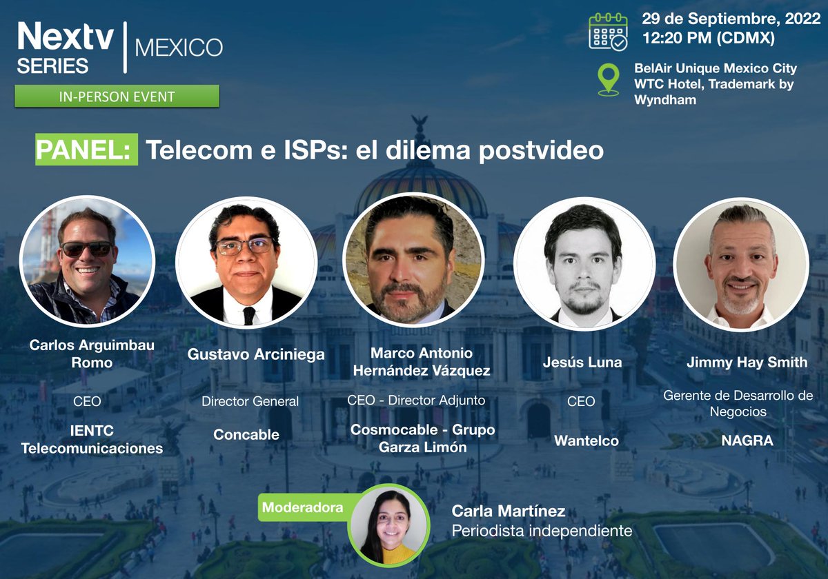 Este 29 de septiembre <a href="/IENTCoficial/">IENTC Telecomunicaciones</a>, <a href="/Concabletv/">Concable tv</a>,  <a href="/Cosmocable/">Cosmocable</a> y Grupo Garza Limón, @Wantelco y <a href="/NAGRAKUDELSKI/">NAGRAVISION HQ</a> participarán del panel “Telecom e ISPs: el dilema postvideo”, moderado por Carla Martinez.

Regístrese ahora: lnkd.in/dH_qt-sZ
