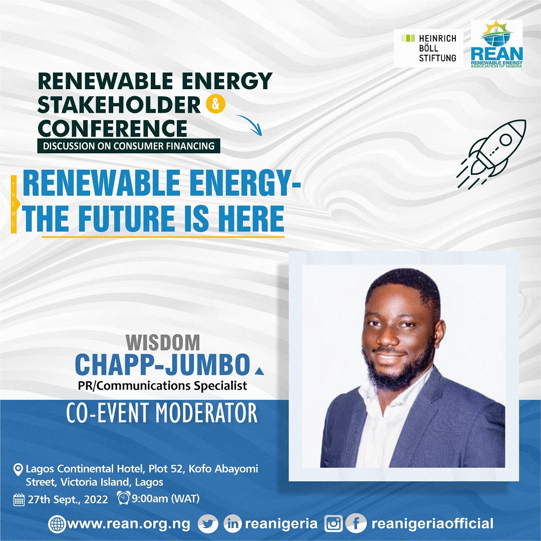 REANigeria's tweet photo. ⚡️Pleased to have Wisdom Chapp-Jumbo co-moderating the Renewable Energy Stakeholder Conference & Discussion on Consumer Financing tomorrow, 27 September 2022.
💡Theme: Renewable Energy - The Future is Here
Join us👉https://t.co/6qwsMi4Uv0
#REAN #ReConference https://t.co/dfMXgGrEZm