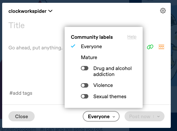 cwspider's tweet photo. NSFW IS BACK ON TUMBLR THIS IS NOT A DRILL! They even have community labels for it now. 
https://t.co/bZ9JRfdTOV https://t.co/a9ESOhDkyY