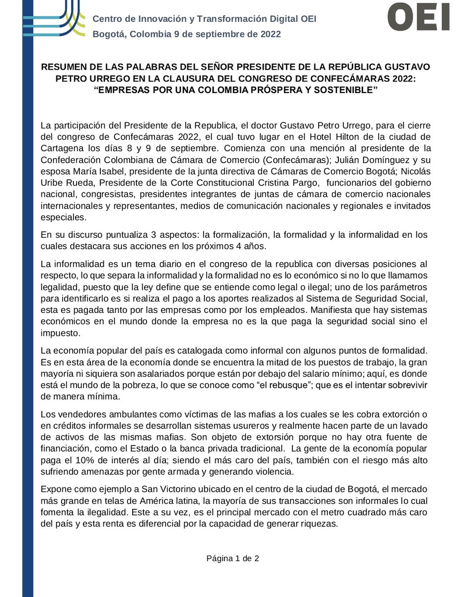 LuisCamiloCL's tweet photo. El 09 de Sep/22, el equipo de @ColombiaOEI asistió al cierre del congreso de Confecámaras 2022, el presidente @petrogustavo mencionó aspectos relacionados a formalización,formalidad e informalidad enfatizando en la economia popular #CITDconecta #Confecámaras https://t.co/gFrSQMNOy9