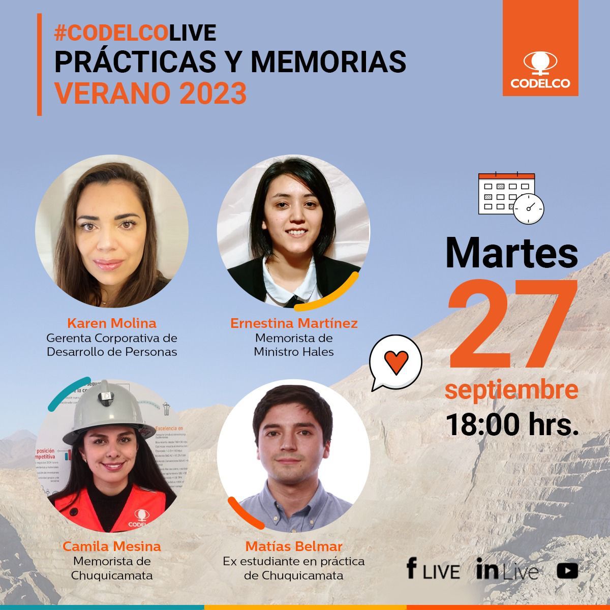 MineriaUC's tweet photo. Si conoces a alguien que quiera hacer su práctica o memoria en Codelco, cuéntale que mañana tendremos un especial de #CodelcoLive a las 18:00. AConéctate a través de: Facebook 👉 https://t.co/oMd7OJSJ55 o de LinkedIn 👉 https://t.co/EziAq53xVQ https://t.co/t8gwXHh3xY
