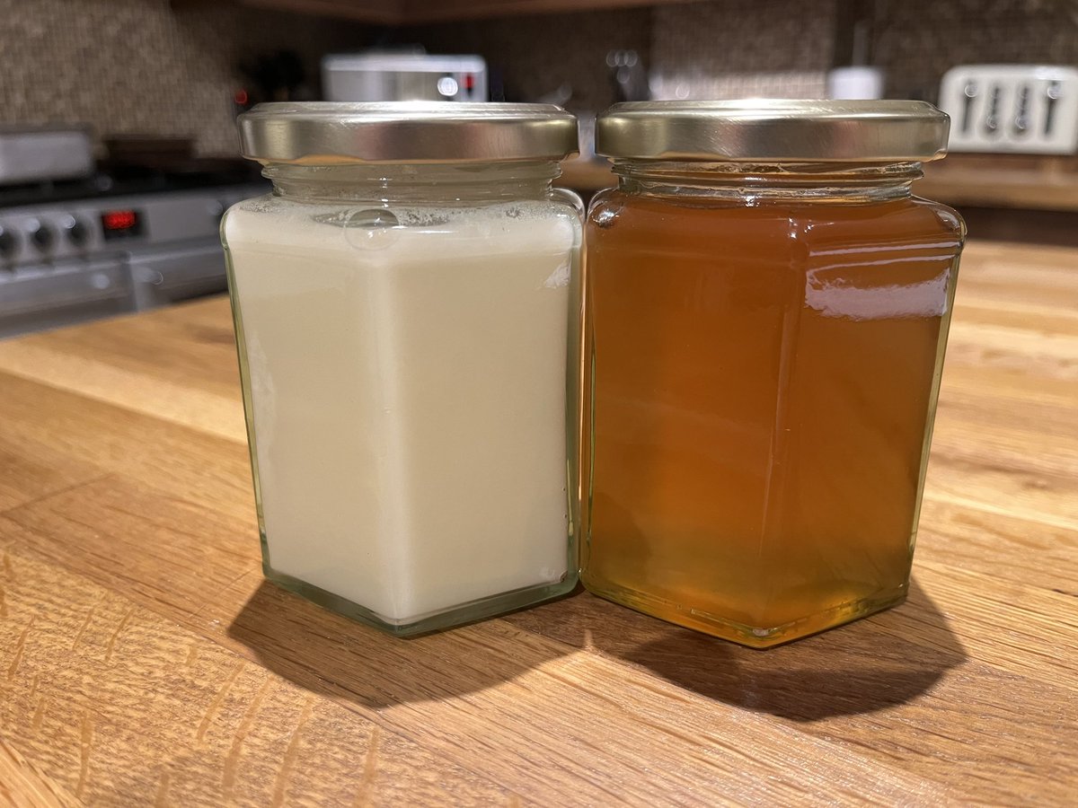 22/002 downloaded. Same year, different seasons, pollen and nectar. 

£5/jar for friends and family. 

[Right is freshly harvested, left is from earlier this year]