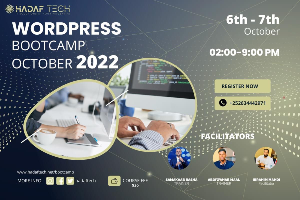 Hadaf_Tech's tweet photo. WordPress short Training 
October 6TH-7TH 
02:00 - 09:00 PM  
Bootcamp info: https://t.co/5JXYS2FUjS
 REGISTER https://t.co/GgLkZob42r https://t.co/h3FBNPPvRE