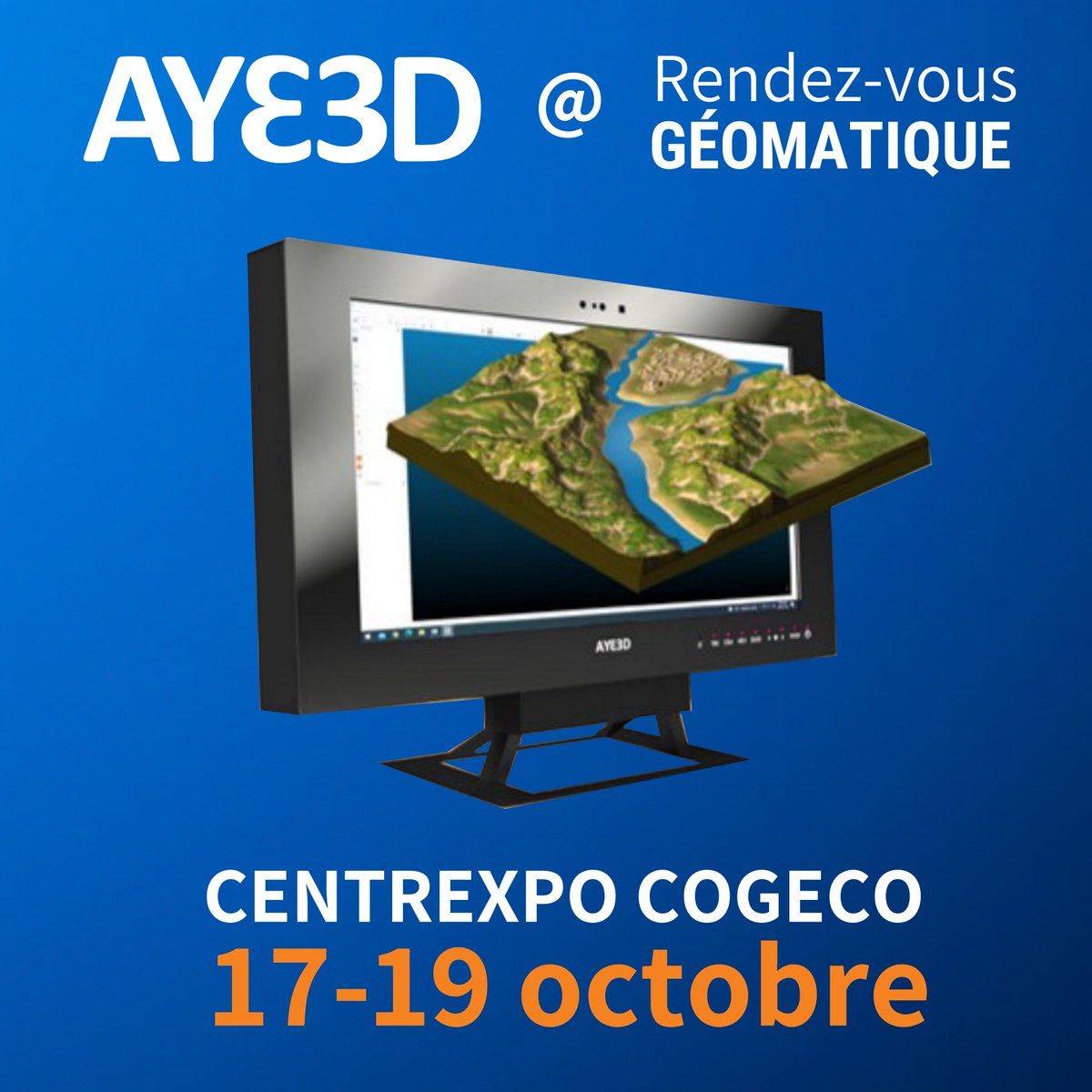 Ouvrez l’œil du 17 au 19 octobre prochain, AYE3D sera au Rendez-vous Géomatique 2022 qui se tiendra à Drummondville. Prenez rendez-vous avec nous pour découvrir notre moniteur 3D sans lunettes FRE3DOM!

#AGMQ #RendezVousGeomatique2022 #Innovations #colloque #gis #geomatique #3D
