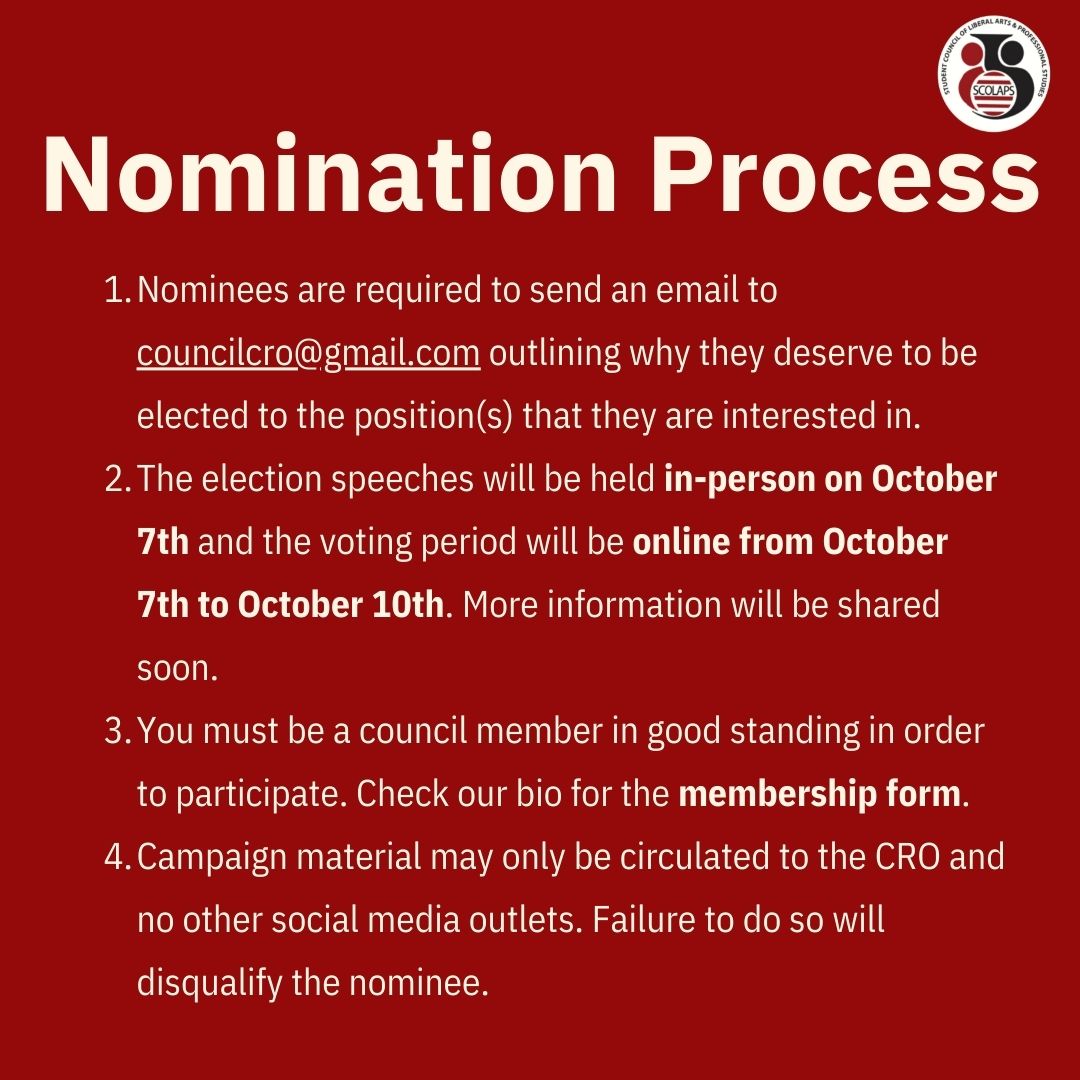 Hey SCOLAPS! Nominate yourself or another Councillor from September 26th to October 3rd for our 2022-2023 by-elections. Send your nominations to councilcro@gmail.com.