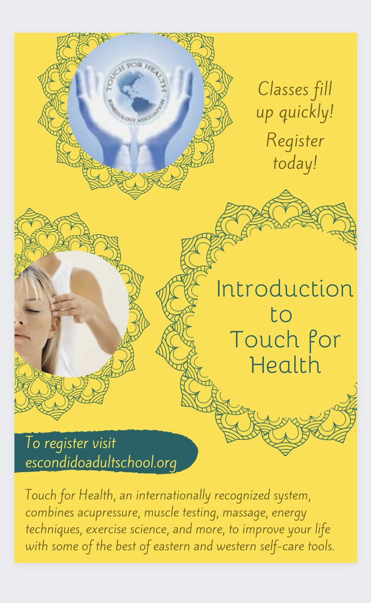 EdEscondido's tweet image. Register at escondidoadultschool.org today! #wellness #touchforhealth #adulted #escondido @ETCN_SanDiego @StaceyAdame3 @EUHSD