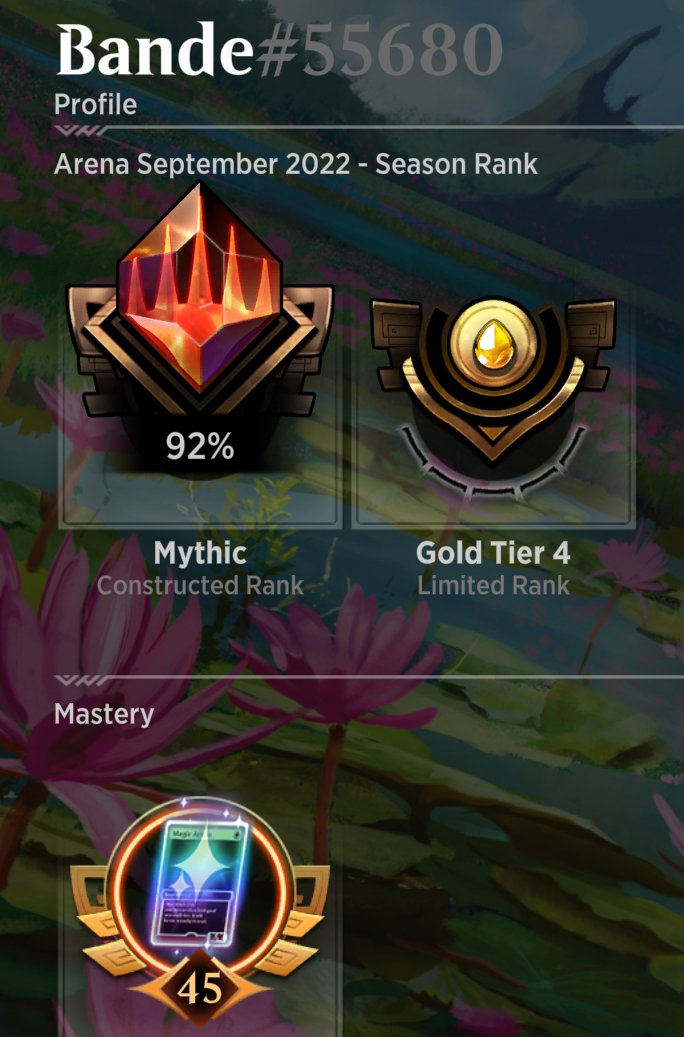 Just got into Mythic -- all Bo1.  Big shout outs to <a href="/covertgoblue/">CovertGoBlue</a>  who has made me a much better control player -- watch his daily videos you can always learn something even when he gets salty.  <a href="/sonio/">sonio</a> who gave me some great decks to play with and <a href="/mtg_malone/">MTG MALONE | MALONEHAMMER 40K</a> who is flat out fun.