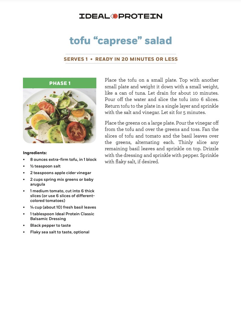 DoxaHealth's tweet photo. Looking for a tasty, light lunch idea? Try this scrumptious Tofu “Caprese” Salad. Fresh tomatoes, arugula, and our rich IP balsamic dressing.

Want more Protocol-friendly recipes? The Essential Ideal Protein Cookbook has 100+ easy meals, snacks, and desserts. https://t.co/CrU8A0XCHg