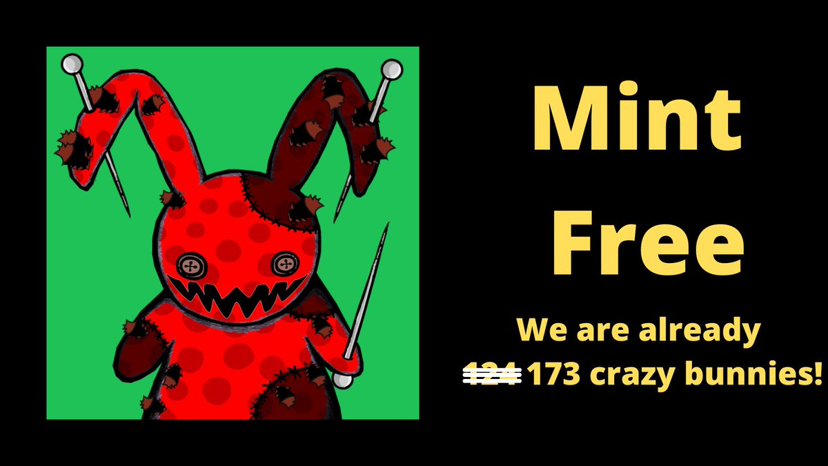💀🐰🔪WE ARE ALREADY 173💀🐰🔪

Crazy Stuffed Bunnies

💸MINT FREE (first 500 items) IN:
crazystuffedbunnies.online

Opensea
opensea.io/collection/cra…

#nft #nftart #nftartist #nfts #nftcollector #nftcommunity #cryptoart #critoartist #nftphotography #nftanimation #nftvideo #digitalart