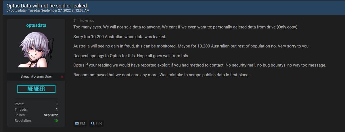 FStempien's tweet photo. Optus hacker reportedly deletes database #OptusHack #optusdataleak https://t.co/1LZ01M9Fhg