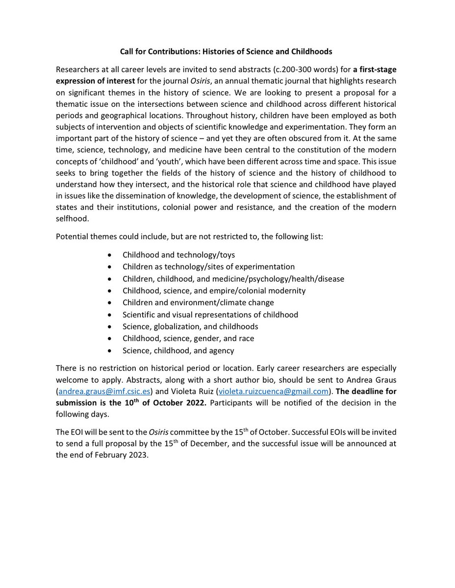 shcyhome's tweet photo. Call for contributions on the intersections between the history of science and the history of childhood, for journal Osiris. https://t.co/ZSS2YC5rTK