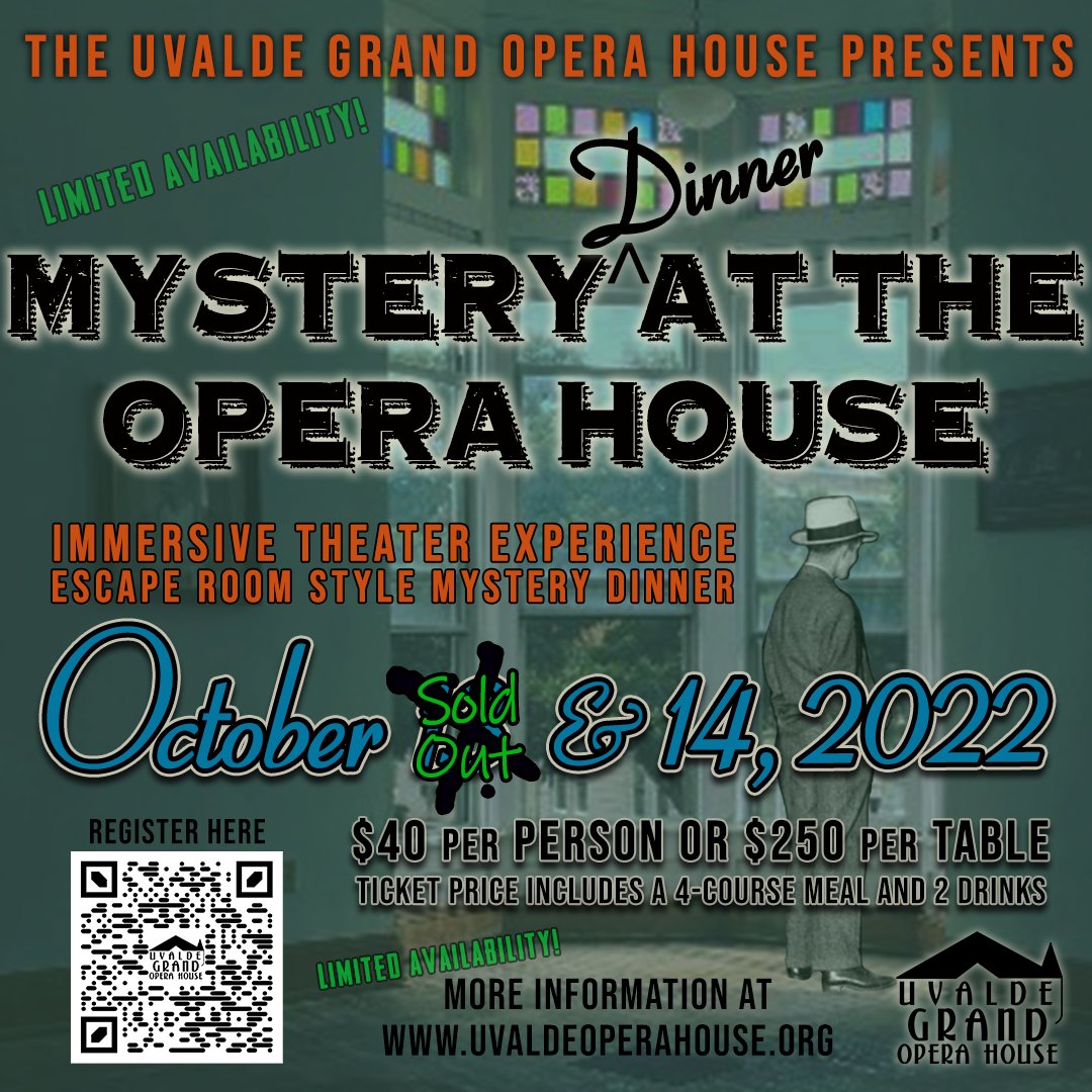 uvaldeopera's tweet photo. Mystery DINNER at the Opera House is filling up fast!  We are SOLD OUT for Thursday night already! 
Friday night is at 50% capacity, so get your group together and sign up SOON! https://t.co/wkwkEDE9la 

#uvaldeopera #mysterydinner #mysteryattheoperahouse #immersivetheater https://t.co/6cbrFIqQL5