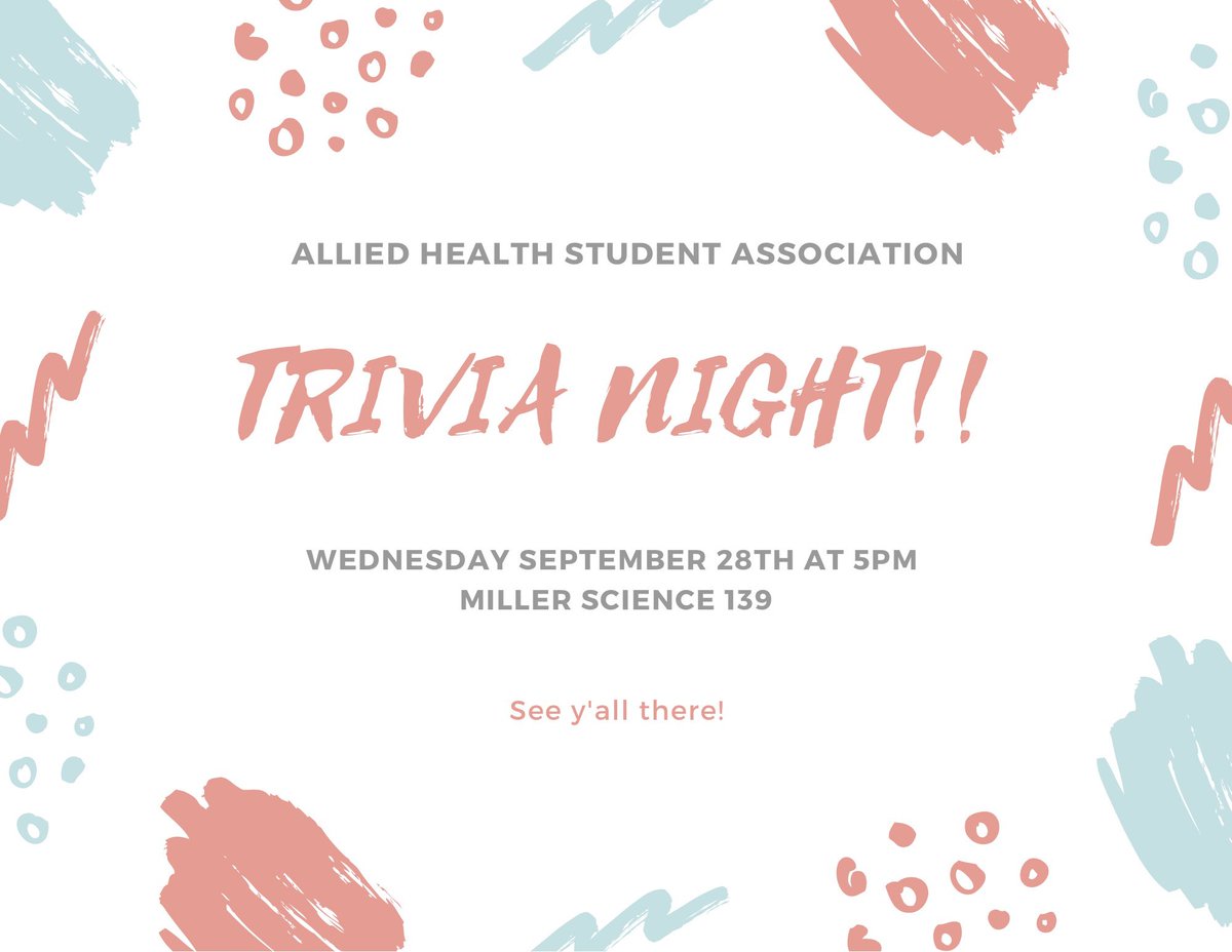 Hey everybody! I hope y’all are having a great start to the week! Just wanted to remind everybody that THIS Wednesday, September 28th, that we have a meeting at 5 pm in the Miller Science room 139! It is Trivia Night, so tell all your friends and make sure to be there!