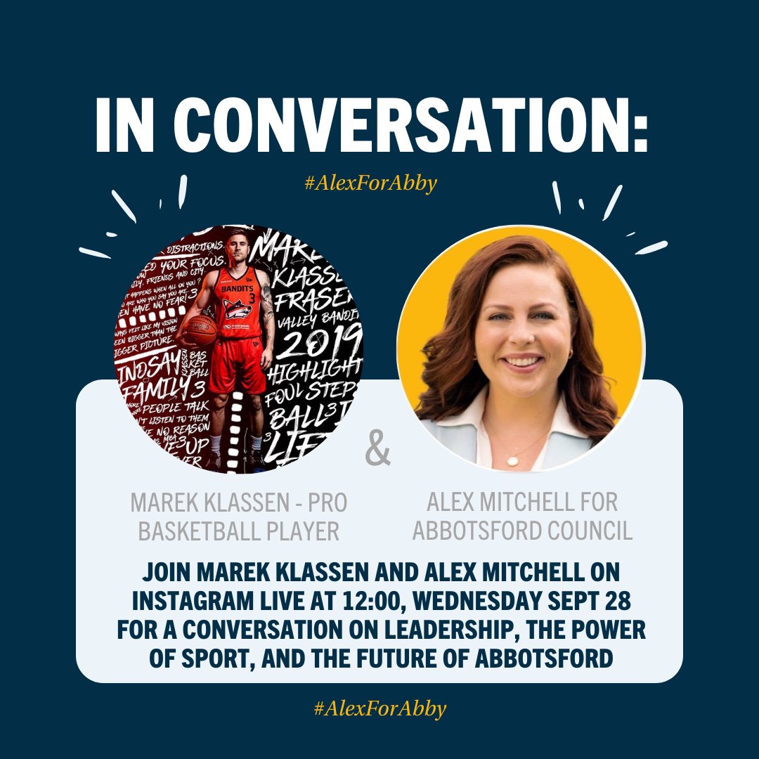 alexandriamitch's tweet photo. Tune in this Wednesday at noon for an #InstagramLive with my friend, pro #basketball player Marek Klassen.
We’ll talk about leadership, the importance of #sport, and the future our hometown.
#AlexforAbby #Abbotsford #sport #sportabby #fraservalley #VoteMitchell https://t.co/LV1E8RKf2u