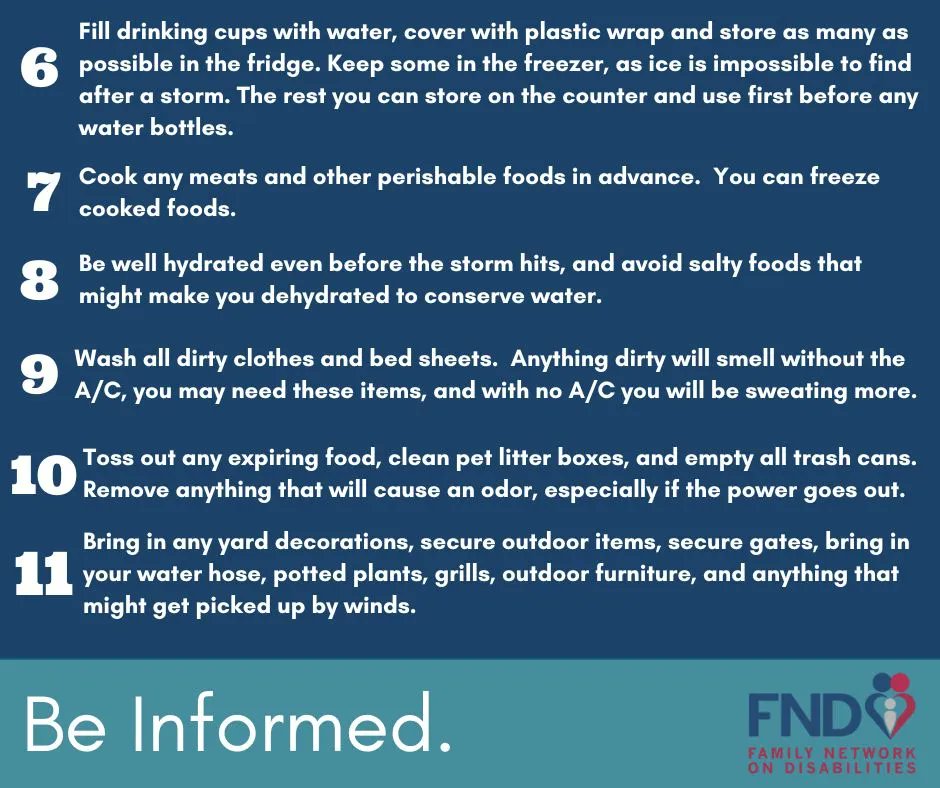 FND_USA's tweet photo. Be Prepared. Be Informed. Stay Safe.  Find our Hurricane Season Disaster Readiness for People with Disabilities guide here - https://t.co/glV7EIz1sj.  Find out information on Disability ready shelters here - https://t.co/h1PBRBIyYH. #HurricaneIan #hurricanetips #FND https://t.co/ifU5l9vvtJ