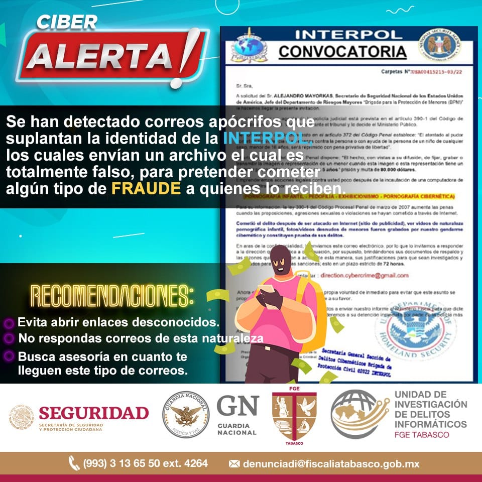 UIDIFGETabasco's tweet photo. Correos falsos llegan a tu bandeja y te menciona que son de la #Interpol, cuidado!! puede ser un Fraude.
#UIDI #FGETabasco https://t.co/IhhPy7TUoJ