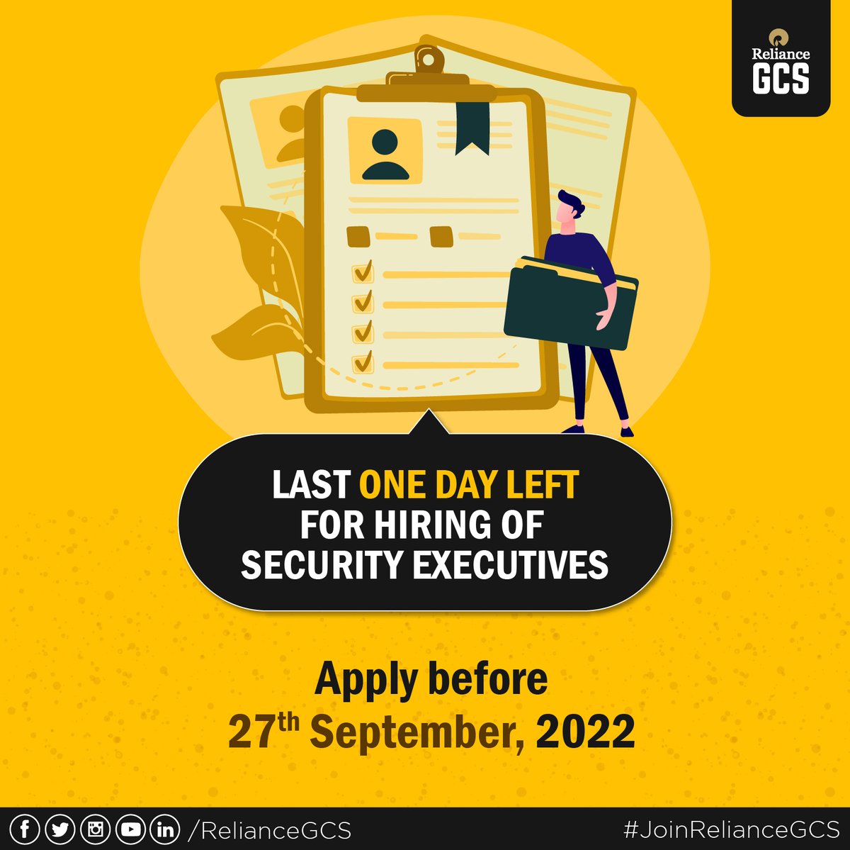 RelianceGCS's tweet photo. Last 01 day left for hiring of "Security Executives" interested applicants can register themselves on the link mentioned below till 27 September 2022. #JoinRelianceGCS
Apply Here: https://t.co/OKF5VFC5wn https://t.co/tQg89yRgRZ