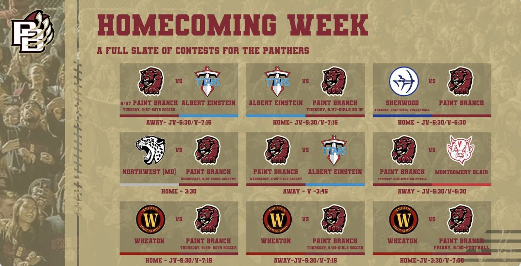 pbhs_sports's tweet photo. Homecoming week is HERE!!! Bring your Panther Spirit to the games this week!!!!@AfieMirshah @CoachSmith_PBHS @CoachKnee @PB_Lacrosse @pbhs_fh @PBHS_Track #Homecoming22 #PantherNation #MarooPlatoon https://t.co/oJcX3Wz6hr