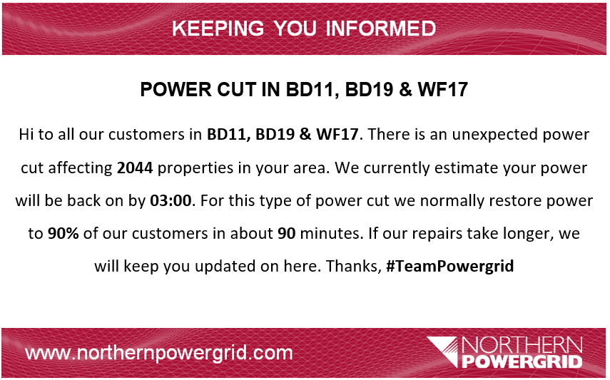 Northpowergrid's tweet photo. #Powercut #BD11 #BD19 #WF17 #TeamPowergrid https://t.co/Ngqxo6HZCY