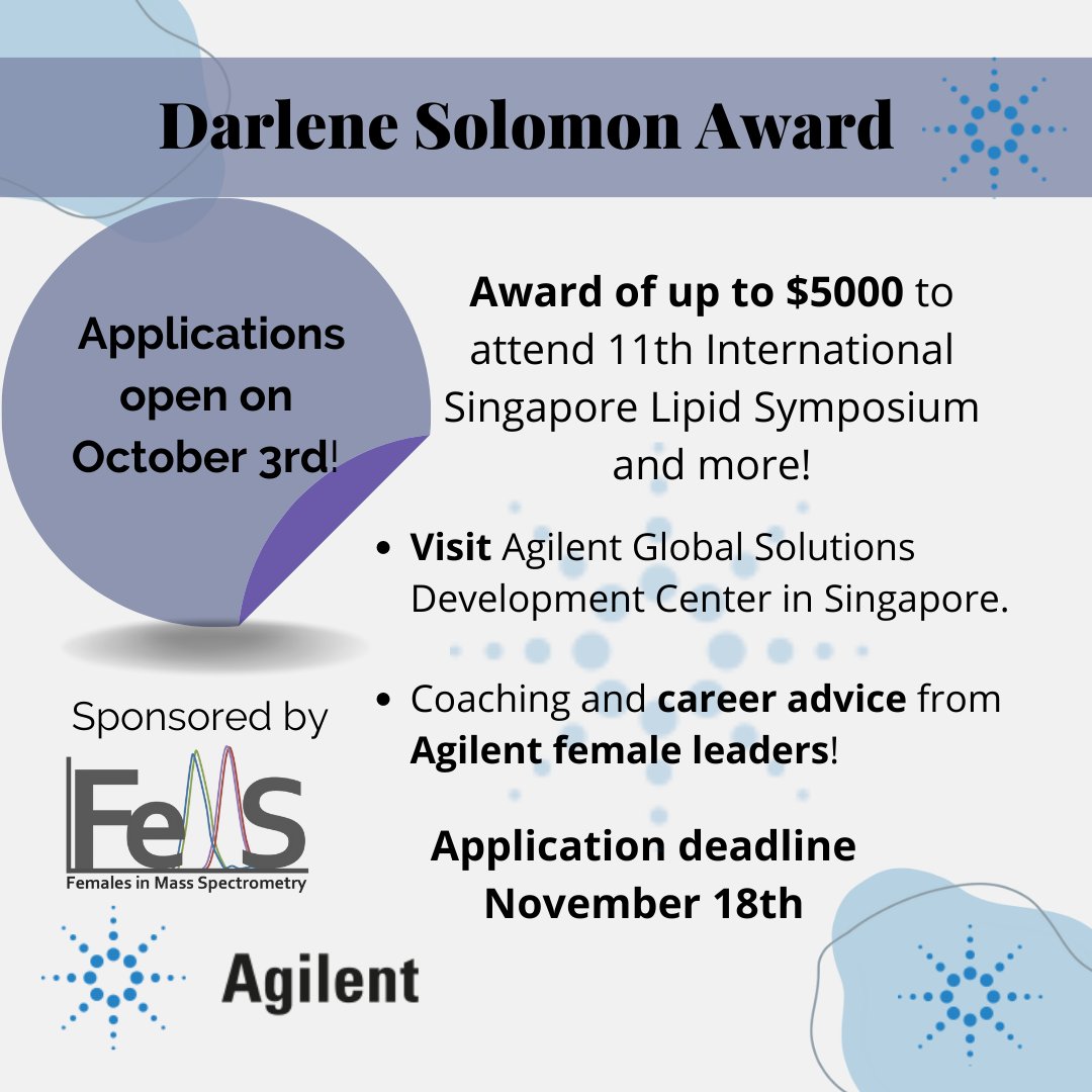 Applications for the Darlene Solomon Award, sponsored by <a href="/Agilent/">Agilent Technologies</a>, will open on October 3rd! femalesinms.com/darlene-solomo…