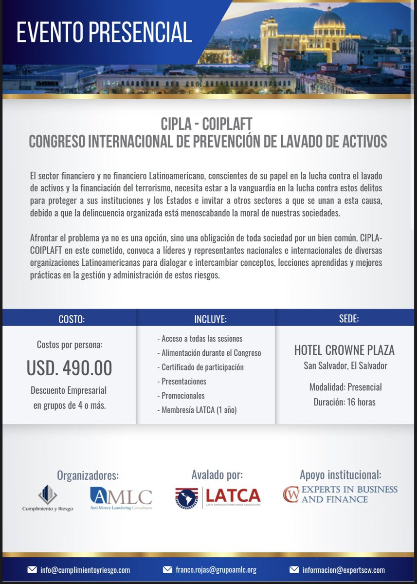 jcmc2710's tweet photo. Nuevamente en Centroamérica! Este 6 y 7 de octubre estaremos en el Congreso CIPLA - COIPLAFT en San Salvador, El Salvador. Más información: https://t.co/0wSzGopmb3 #JuanCarlosMedina #SanSalvador #ElSalvador #CIPLA #COIPLAFT #Cumplimiento #GestiónDeRiesgos https://t.co/ZdYiBP2Dlw