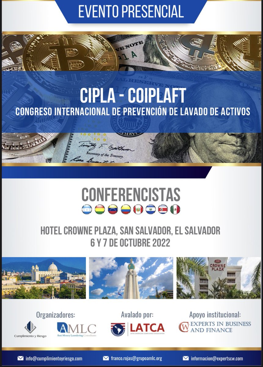 jcmc2710's tweet photo. Nuevamente en Centroamérica! Este 6 y 7 de octubre estaremos en el Congreso CIPLA - COIPLAFT en San Salvador, El Salvador. Más información: https://t.co/0wSzGopmb3 #JuanCarlosMedina #SanSalvador #ElSalvador #CIPLA #COIPLAFT #Cumplimiento #GestiónDeRiesgos https://t.co/ZdYiBP2Dlw