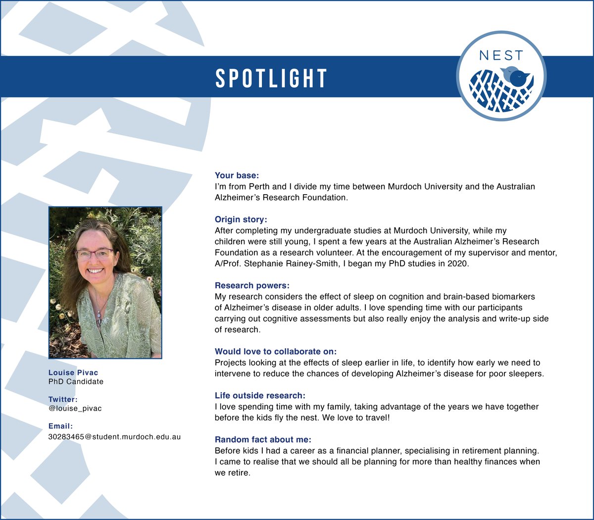 asa_nest's tweet photo. #SleepHero contender Louise Pivac
@louise_pivac is a #NEST member from 
@MurdochUni 🐣
Her super power is sleep's impact on biomarkers associated with #dementia 🦸‍♀️
For more info on 
@SHFAustralia sleep hero awards see - https://t.co/arbaWfslmi
Good luck Louise!👍 https://t.co/VAQTbnh221