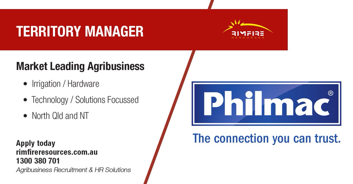 rimfireresource's tweet photo. Work closely and spend considerable time with their predominantly hardware and irrigation distribution partners in North QLD and the NT.
Apply today: https://t.co/inmIjbOd20
#irrigation #sales #manager #philmac #agriculture #agribusiness #agjobs #jobs #rimfireresources https://t.co/WJlYrtJyBy