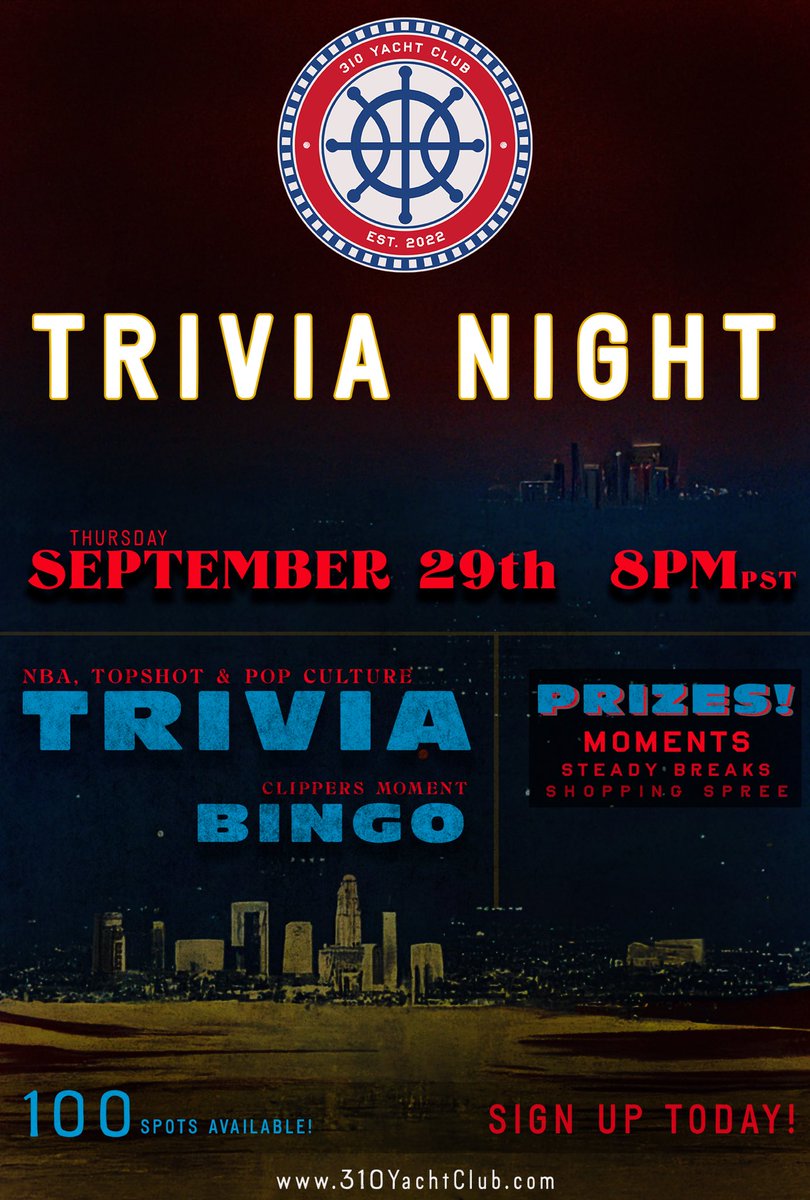 310YachtClub's tweet photo. ⛵️ Trivia Night 2 ♣️
🗣️ Calling all @nbatopshot set holders
🫂 Come join us for a night of fun!
🎉 Multiple ways to win a prize!
Sign up here👇🏽
https://t.co/gJYCAaFztF
#310YC #ClipperNation
#NBATSCommunity https://t.co/RrbAePRtMt