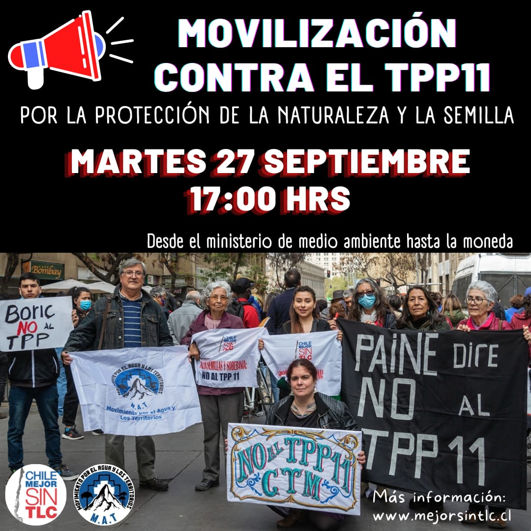AguaEnMarcha's tweet photo. 🔴Movilización contra el TPP11 martes a las 17hrs desde San Martín 73, Stgo centro, a La Moneda

#NoAlTPP 
#NOALTPP11 
#chaotpp https://t.co/svkcEnmjh0