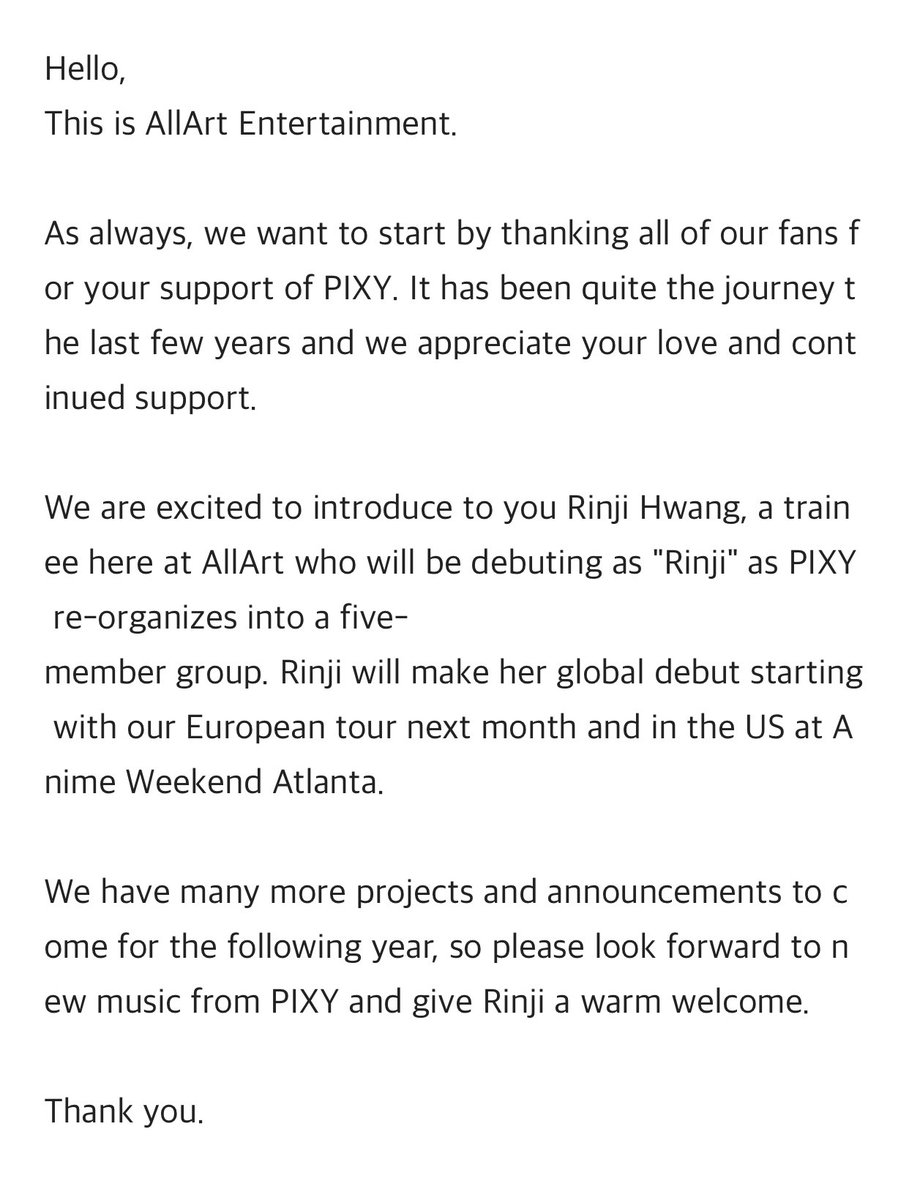 [INFO] PIXY are introducing a new member to the group! She's called Hwang Rinji. PIXY will continue promoting as 5 members now.

<a href="/official_pixy/">pixy_official</a> #PIXY #픽시