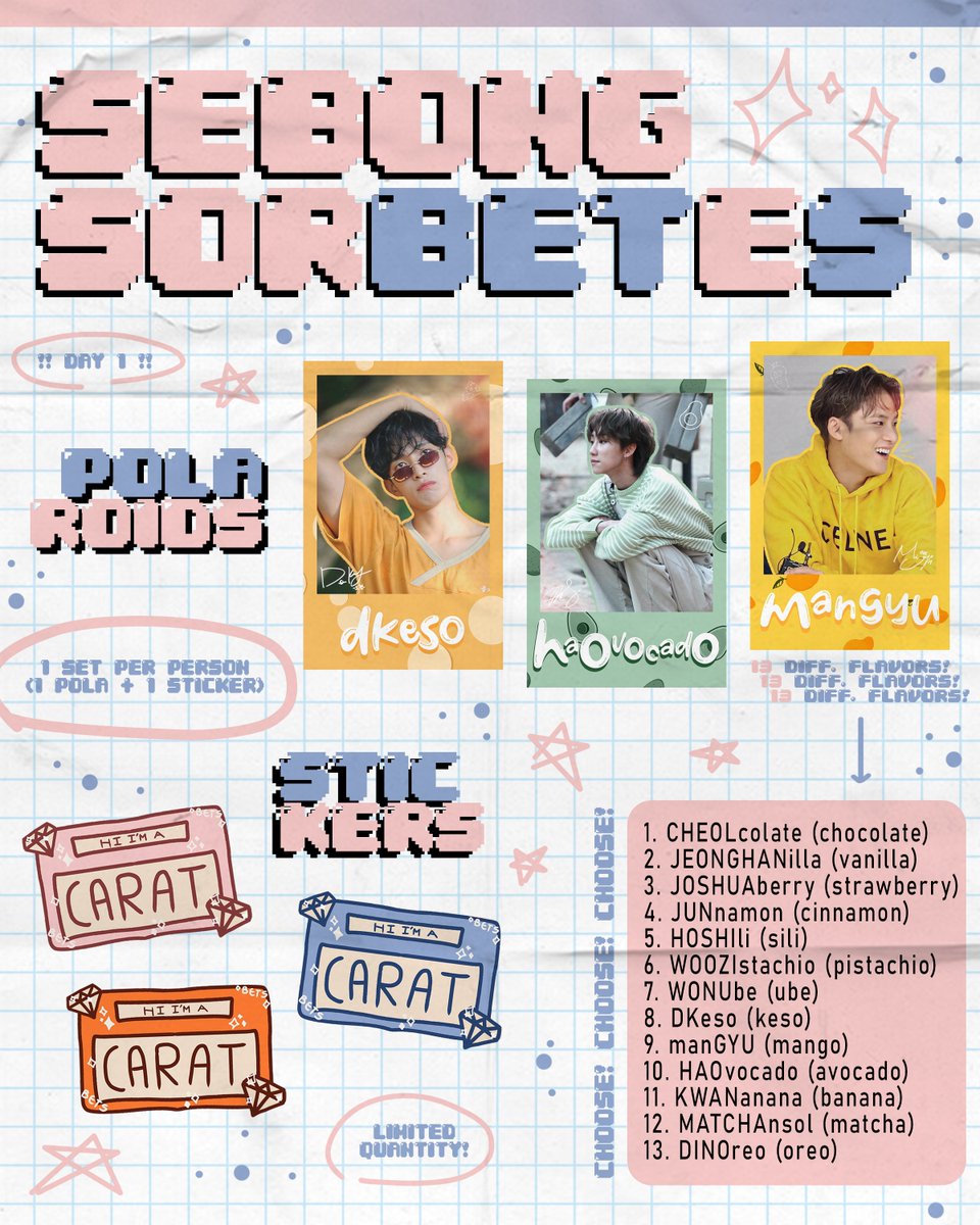 joshuadobaur's tweet photo. 🔔 SEBONG SORBETES KAYO DIYAN! 🔔

polaroids + stickers for BeTS day 1! loc and time tba. open to trading freebies! full preview soon <3

how to claim:
- like &amp; rt this tweet
- show us on dday
- order by saying "isa pong [FLAVOR]" hehe

#BETHESUNinMNL #SEVENTEEN https://t.co/Lmi2xauw3C