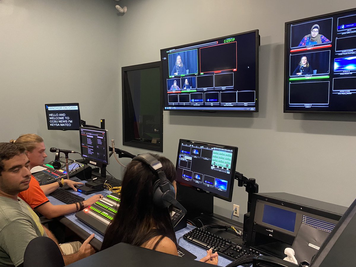 CCSUNEWSTV's tweet photo. A new group of @CCSUJournalism broadcasters in the making - taking over the studios  @ccsu for the first time, they nailed it!  #jrn340 https://t.co/bj9QqbIwUO