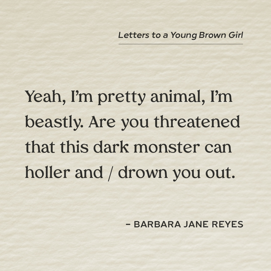 FilBookFestival's tweet photo. (Letters to a Young Brown Girl)
Yeah, Iβm pretty animal, Iβm beastly. Are you threatened that this dark monster can holler and drown you out.
β Barbara Jane Reyes (@bjanepr)
#FilBookFest #FilBookFest6 #FiltheShelves #Poetry https://t.co/W3HFg3odri