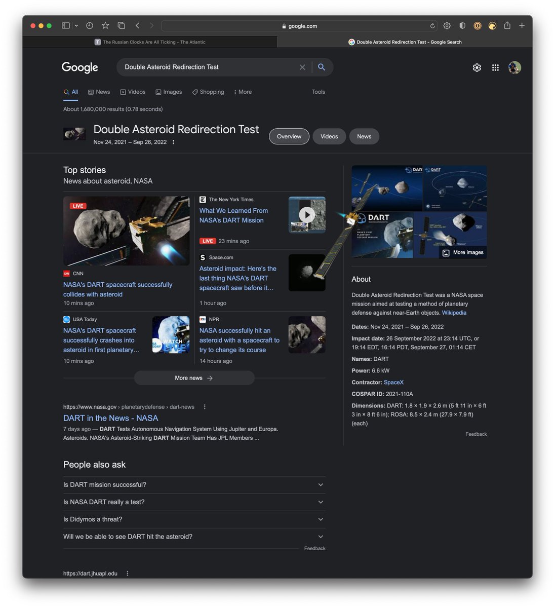 brianwolven's tweet photo. If you do a Google search for “Double Asteroid Redirection Test" right now, the DART spacecraft flies in from the left and knocks the results page askew. 🛰☄️ (H/T to @belliott4488 for the alert) https://t.co/y31Z0ihaH7