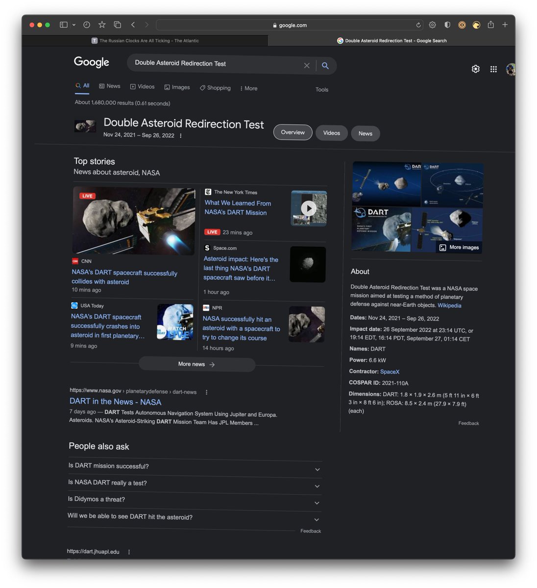 brianwolven's tweet photo. If you do a Google search for “Double Asteroid Redirection Test" right now, the DART spacecraft flies in from the left and knocks the results page askew. 🛰☄️ (H/T to @belliott4488 for the alert) https://t.co/y31Z0ihaH7