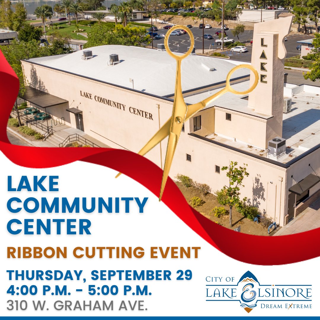 CtyLakeElsinore's tweet photo. #SpotlightLE Community: Join us this Thursday, September 29th for a Ribbon Cutting Ceremony at the City's newly renovated Lake Community Center.
✂️ Thursday, September 29th
⏰ Ribbon Cutting at 4 p.m.
📍 310 W Graham Ave.
#SpotlightLakeElsinore #LECommunity #LakeCommunityCenter https://t.co/rU6EHFYBKI