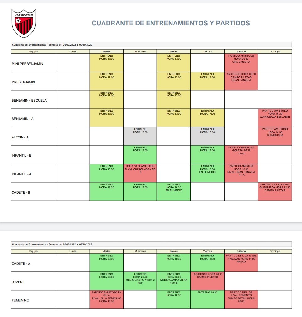 Cuadrante de entrenamientos, semana del 26 de septiembre al 2 octubre.
#elpiletassomostodos