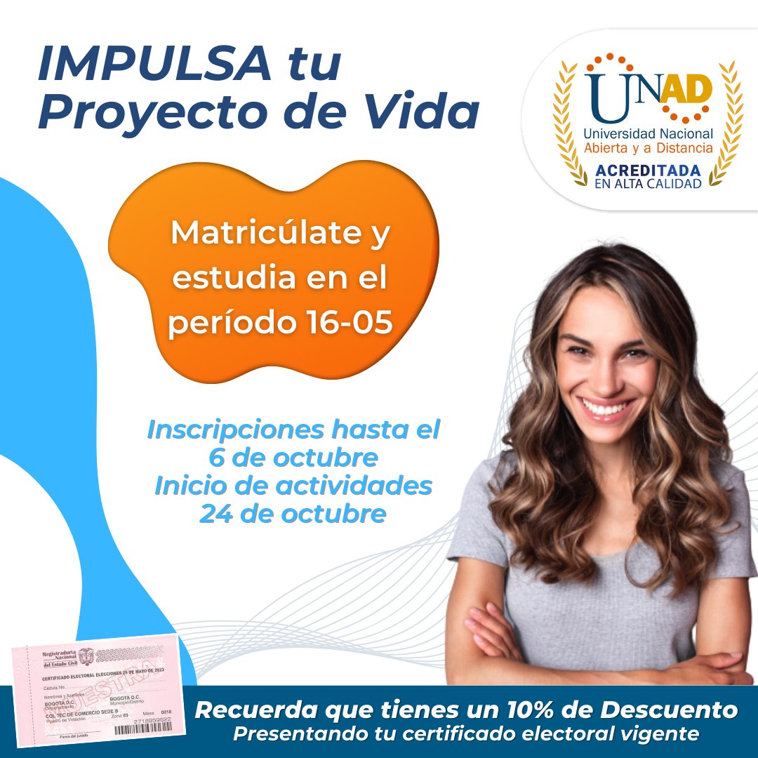 Matrículas abiertas, periodo 16-05 del 2022.
Inicio de actividades: 24 de octubre 
Finalización del periodo academico: 6 de marzo del 2023

⭐academia.unad.edu.co/ecacen
¡Aprovecha! Te esperamos para que formes parte de esta gran familia. 
⭐Matrículas 👇🏻
estudios.unad.edu.co/inscripciones-…