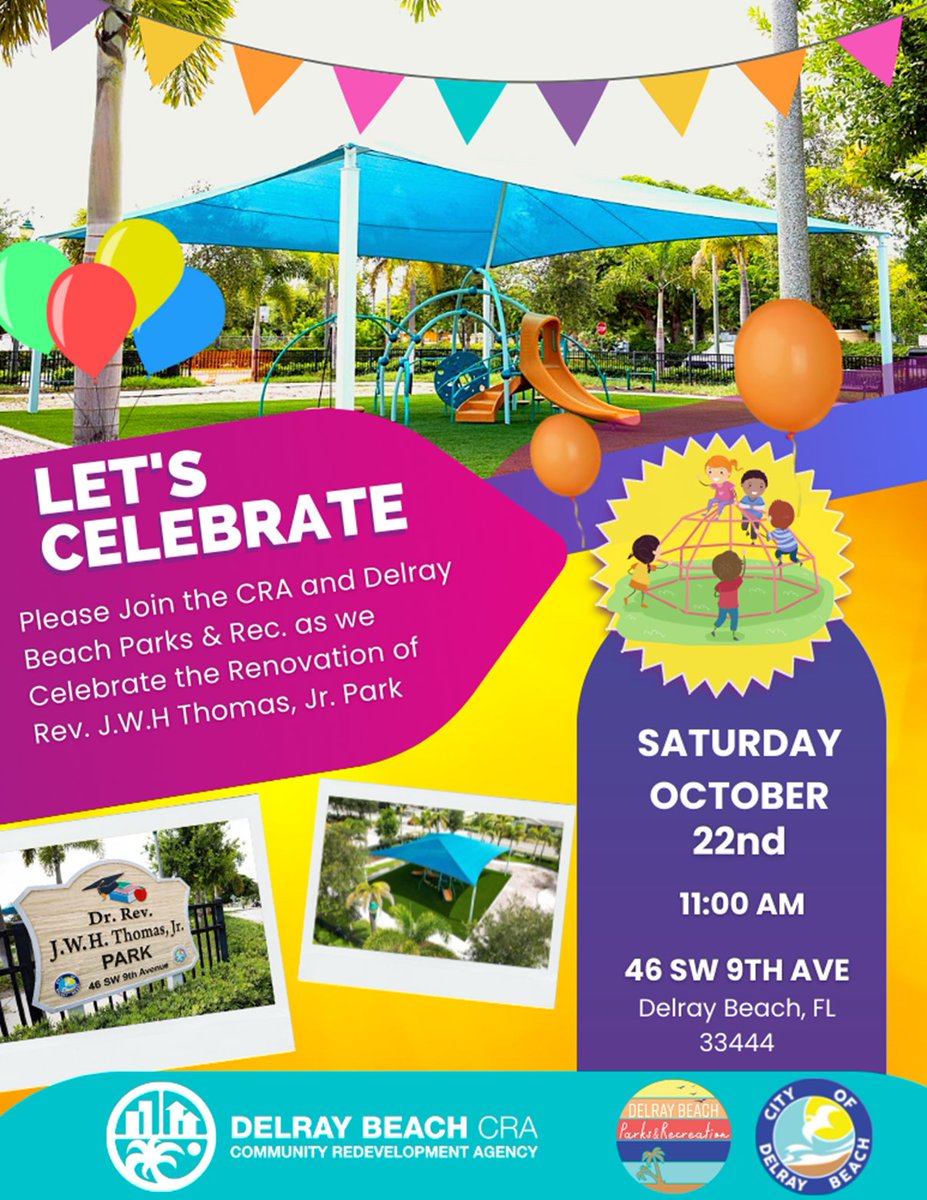 DelrayBeachCRA's tweet photo. ๐Join us this Saturday, October 22nd as we celebrate the newly renovated Rev. J.W.H. Thomas, Jr. Park!๐๐๏ธ๐๐ป
๐๏ธSaturday, October 22nd atโ๏ธ11 AM
๐46 SW 9th Avenue, Delray Beach, FL 33444
#delraybeach #delrayparks #delrayevents https://t.co/9oQNLpmGSW