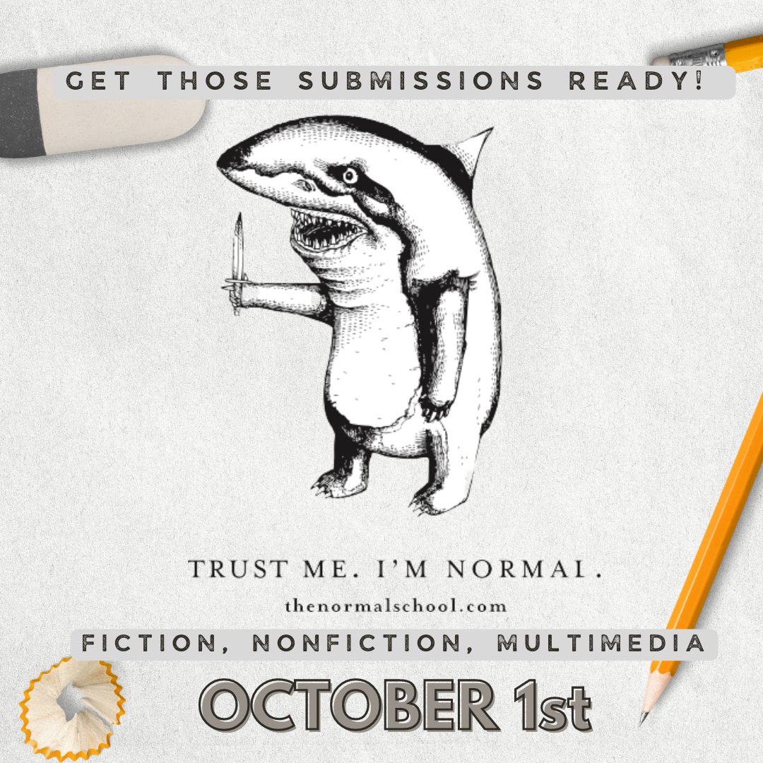 thenormalschool's tweet photo. Get ready, Normals! October 1st, we open our submissions for fiction, creative nonfiction, and multimedia! Our submission ends December 1st. 

Check out our link tree (https://t.co/JD5Vz4daba) for our submission guidelines, and all our info.

Stay normal! ✌🏽 #thenormalschool https://t.co/GtCgLuBCyY