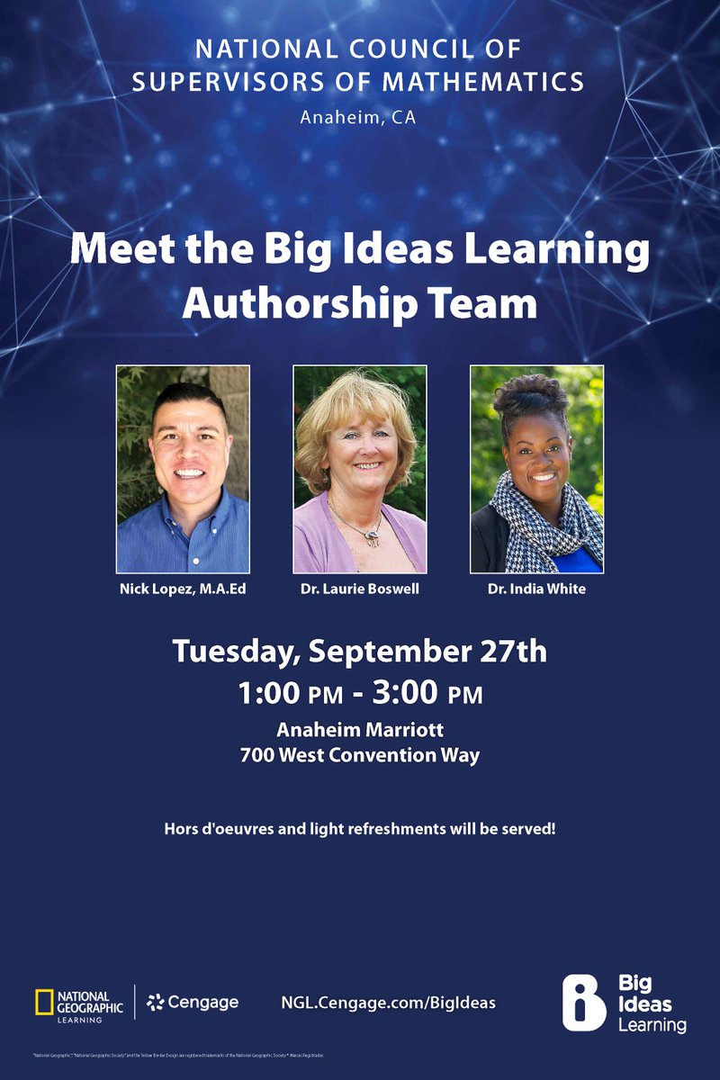 BigIdeasMath's tweet photo. Also happening Tuesday … the Big Ideas Learning Authorship Team will be on hand at NCSM ‘22. This is your chance to meet authors, Nick Lopez, Dr. Laurie Boswell & Dr. India White. #math #matheducators #teachers #bigideaslearning #bigideasmath #NCSM22 #Larsontexts #california https://t.co/TCOILNHctf