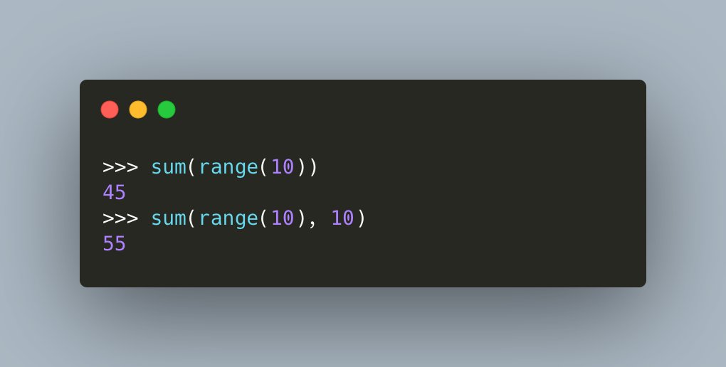 driscollis's tweet image. #Python's `sum()` function is a fun way to sum up an iterable of numbers. 🐍🔥
You can also pass in a second argument to tell sum() what number to start with (defaults to zero)!